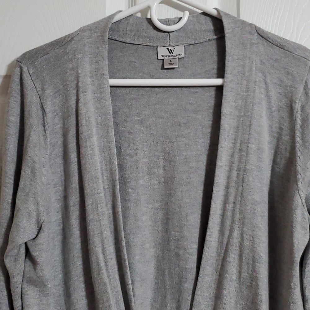 Worthington Gray Open Front Button Cardigan Sweater Cotton Blend Size Large - Picture 2 of 11